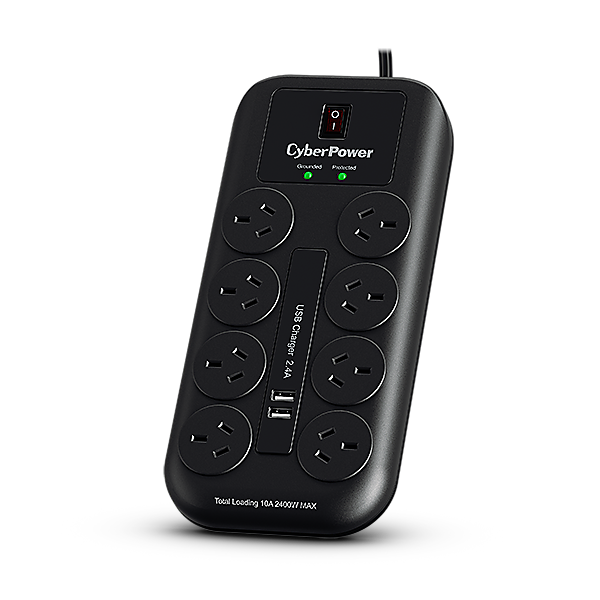 CyberPower 8-port Surge Protector with 2 x USB Charging Ports - 1 Yrs Adv. Replacement WTY